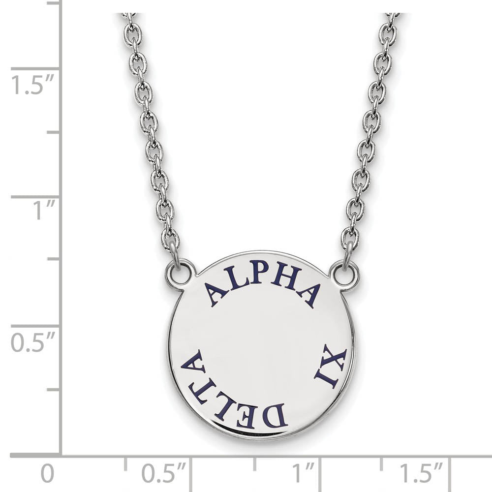 Alternate view of the Sterling Silver Alpha Xi Delta Large Blue Enamel Necklace by The Black Bow Jewelry Co.