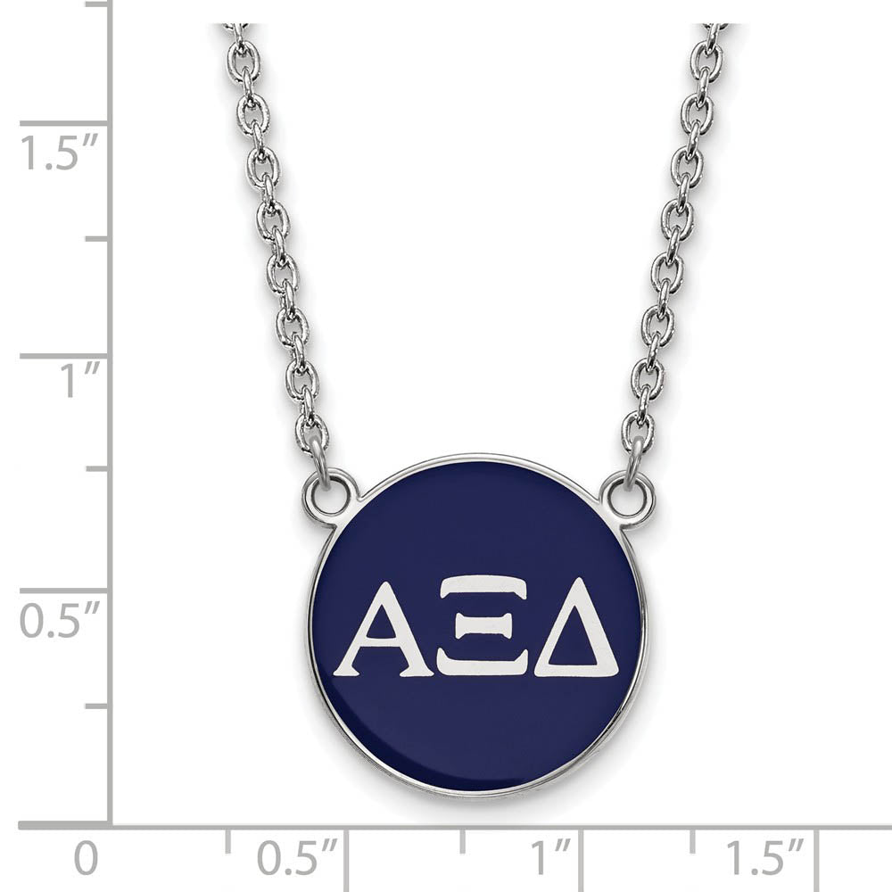 Alternate view of the Sterling Silver Alpha Xi Delta Large Blue Enamel Disc Necklace by The Black Bow Jewelry Co.