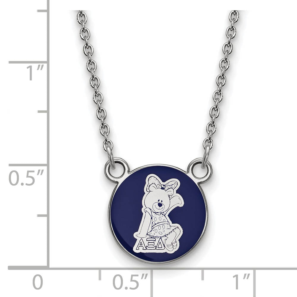 Alternate view of the Sterling Silver Alpha Xi Delta Small Blue Enamel Logo Necklace by The Black Bow Jewelry Co.