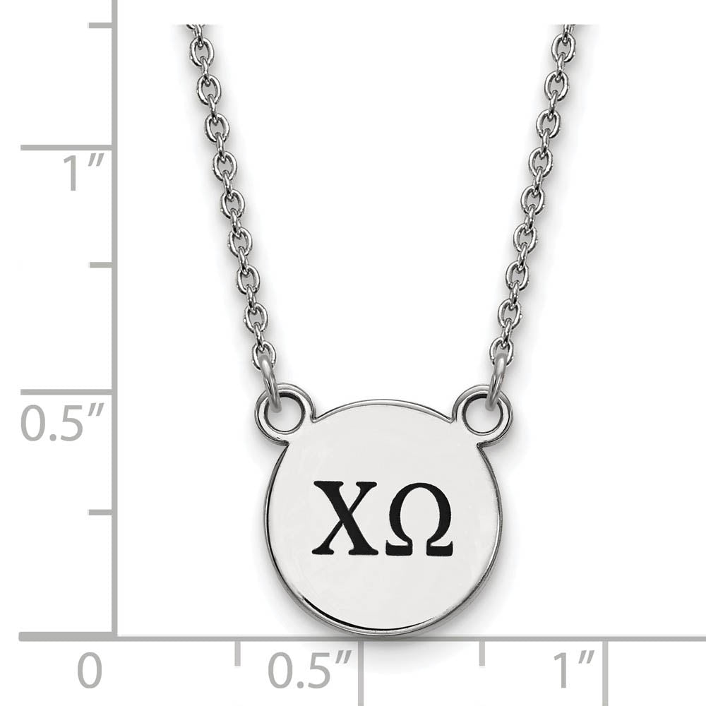 Alternate view of the Sterling Silver Chi Omega Small Enamel Greek Letters Necklace by The Black Bow Jewelry Co.