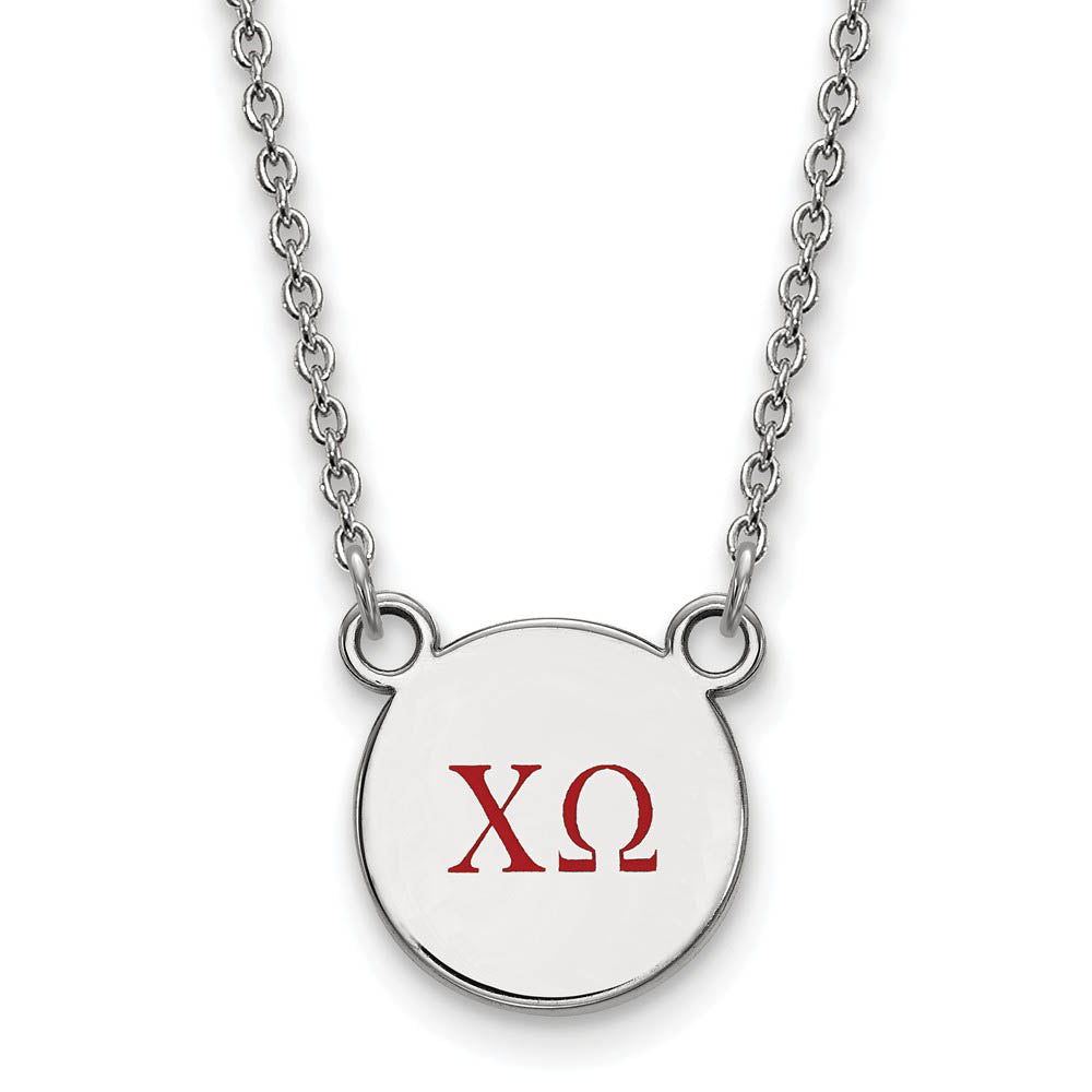 Sterling Silver Chi Omega Small Red Enamel Greek Letters Necklace, Item N14805 by The Black Bow Jewelry Co.