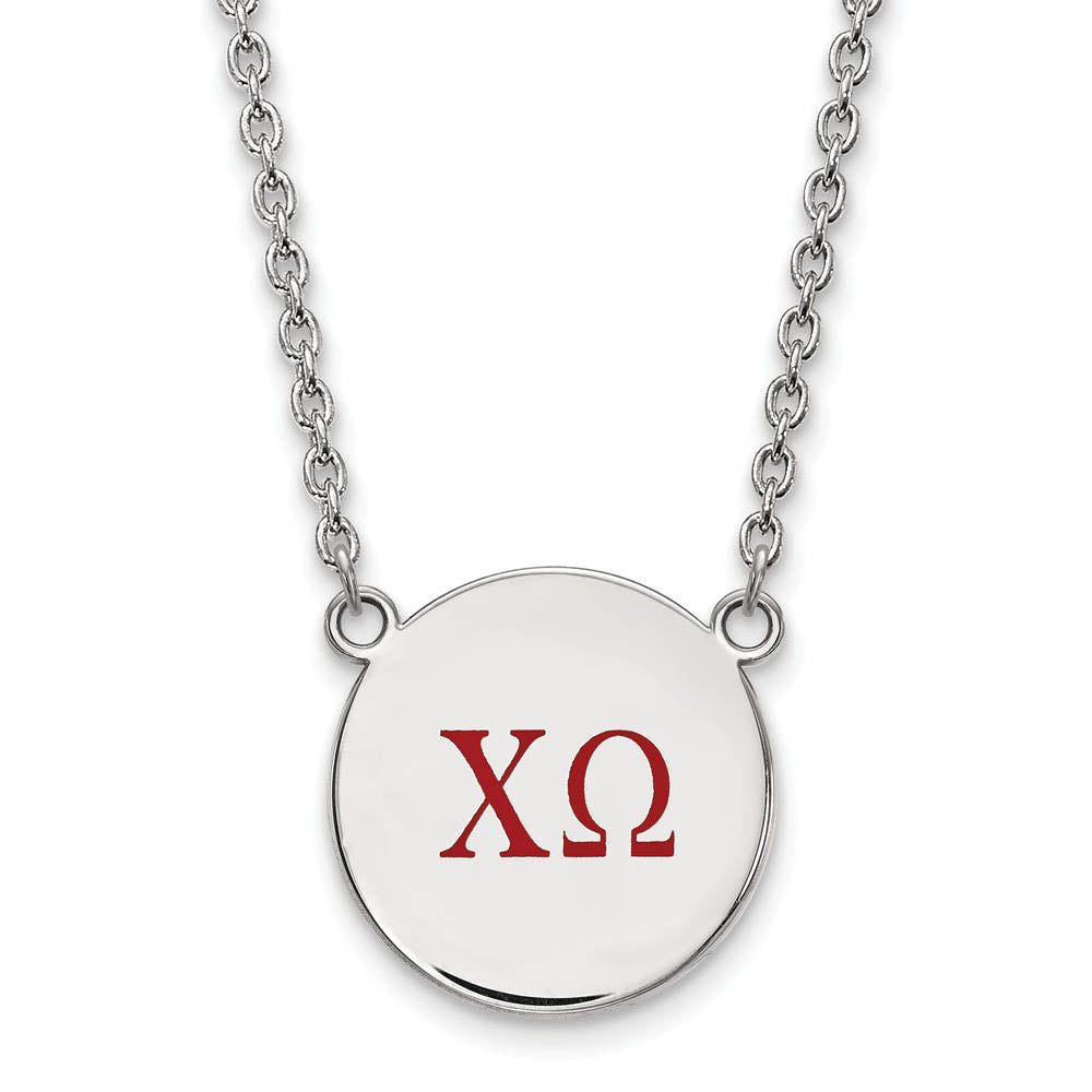 Sterling Silver Chi Omega Large Red Enamel Greek Letters Necklace, Item N14806 by The Black Bow Jewelry Co.