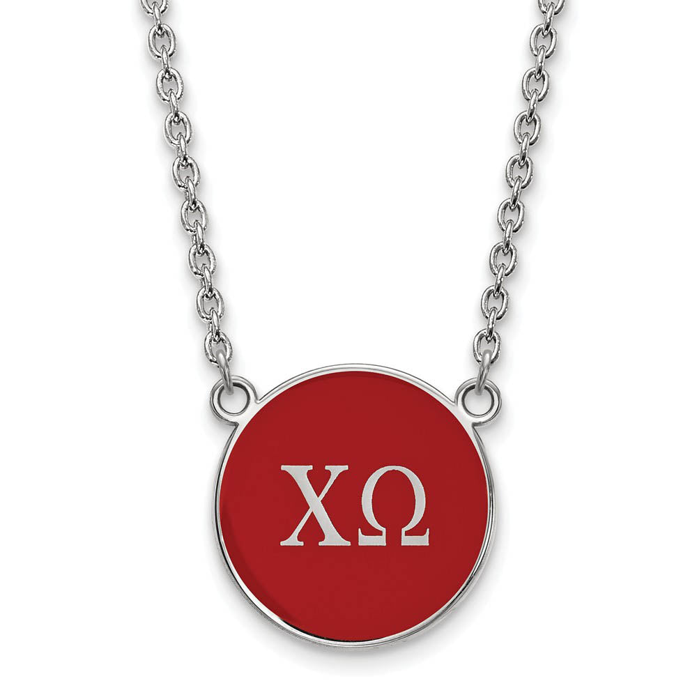Sterling Silver Chi Omega Large Red Enamel Disc Necklace, Item N14808 by The Black Bow Jewelry Co.