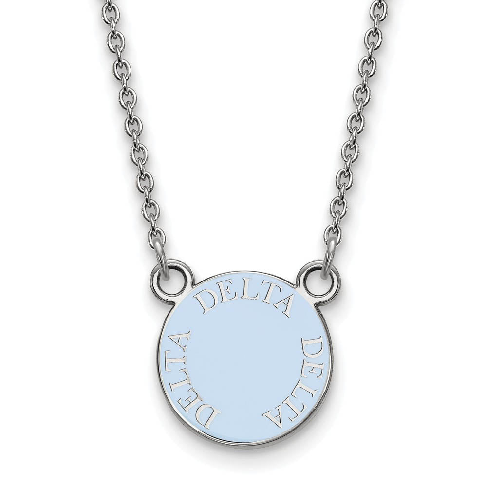 Sterling Silver Delta Delta Delta Small Enamel Disc Necklace, Item N14813 by The Black Bow Jewelry Co.