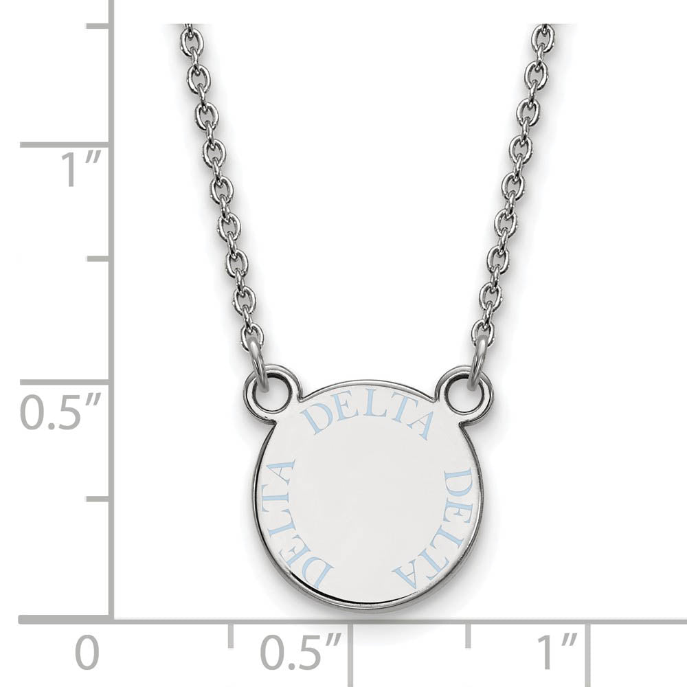 Alternate view of the Sterling Silver Delta Delta Delta Small Cerulean Blue Enamel Necklace by The Black Bow Jewelry Co.