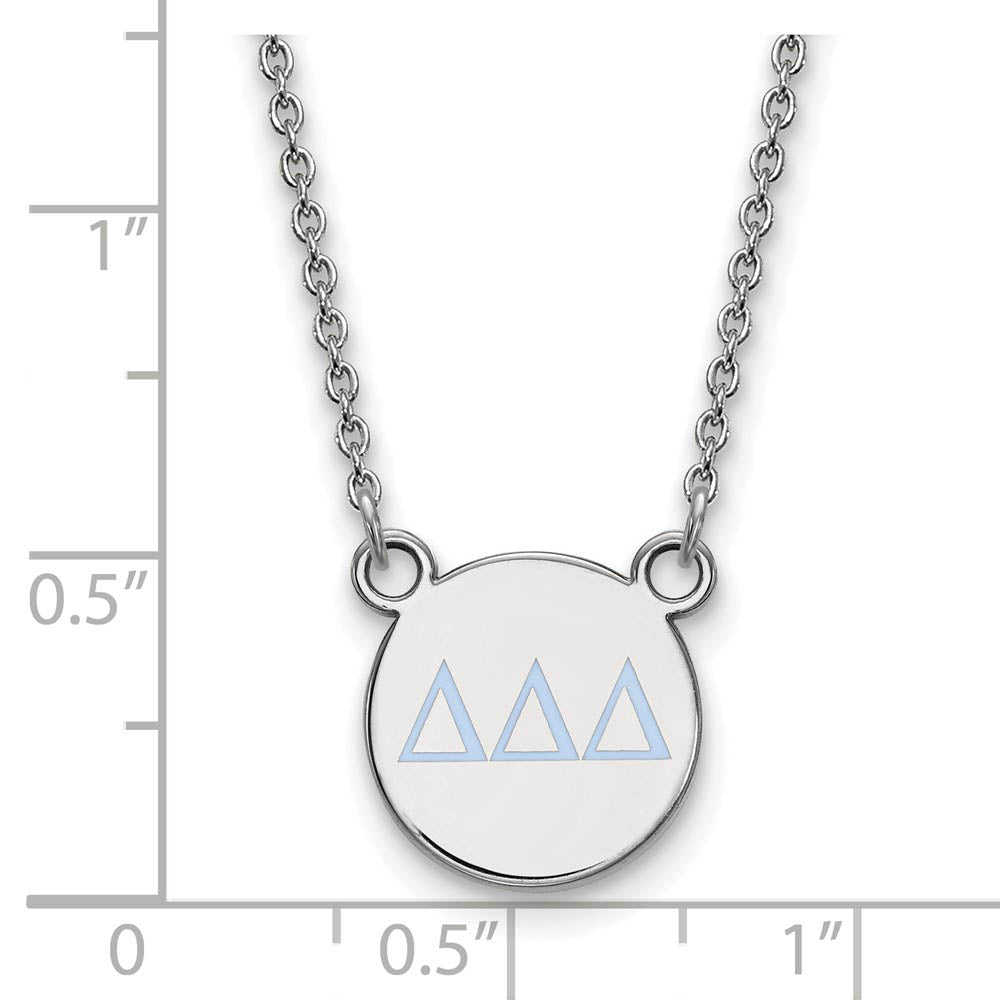 Alternate view of the Sterling Silver Delta Delta Delta Small Blue Enamel Greek Necklace by The Black Bow Jewelry Co.