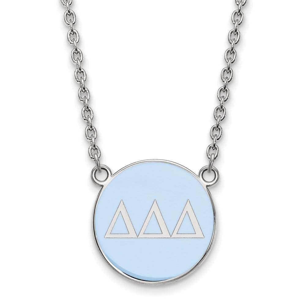 Sterling Silver Delta Delta Delta Large Blue Enamel Disc Necklace, Item N14822 by The Black Bow Jewelry Co.