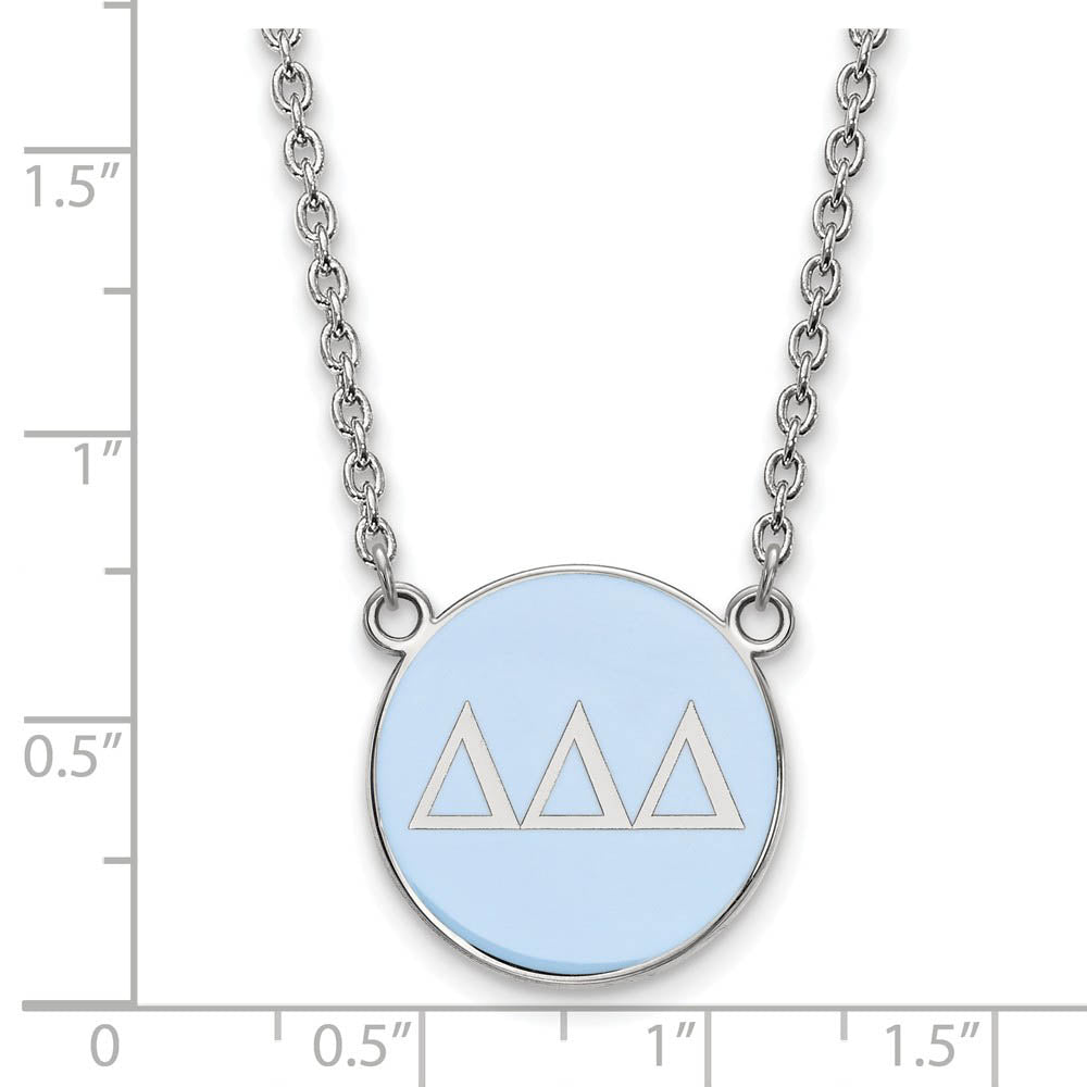 Alternate view of the Sterling Silver Delta Delta Delta Large Blue Enamel Disc Necklace by The Black Bow Jewelry Co.