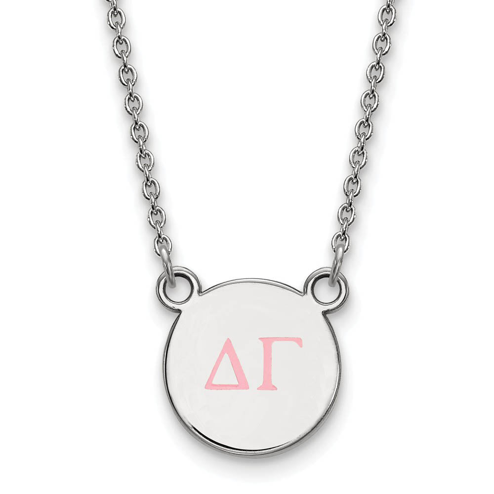 Sterling Silver Delta Gamma Small Pink Enamel Greek Letters Necklace, Item N14833 by The Black Bow Jewelry Co.