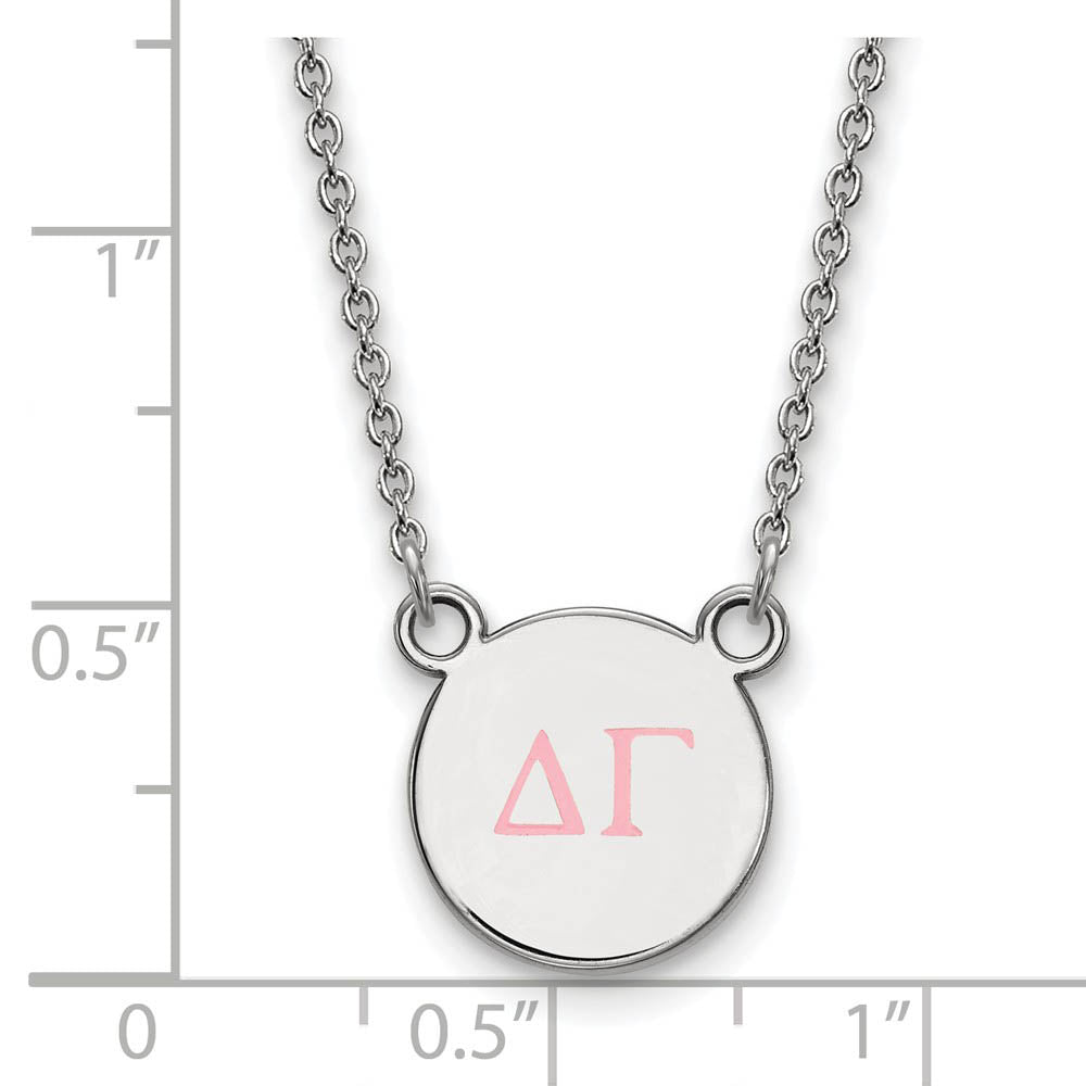 Alternate view of the Sterling Silver Delta Gamma Small Pink Enamel Greek Letters Necklace by The Black Bow Jewelry Co.
