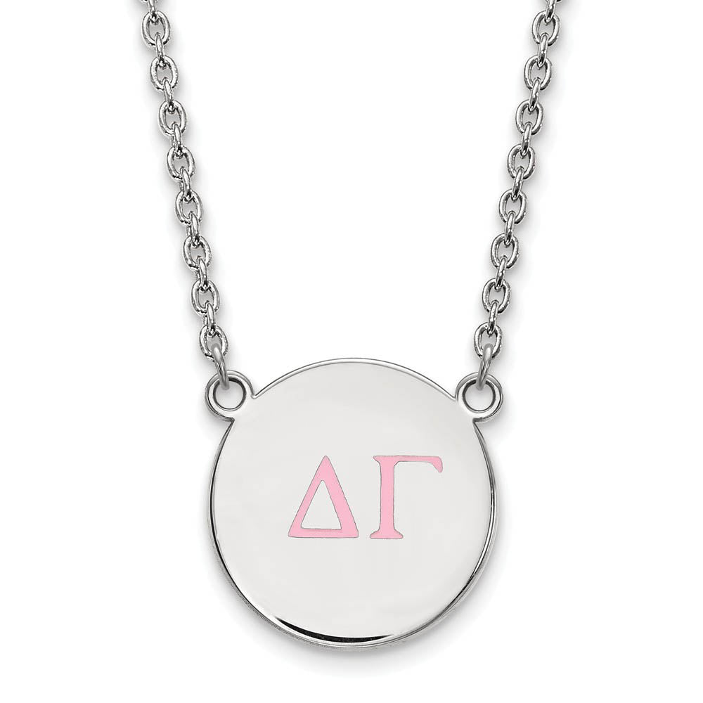 Sterling Silver Delta Gamma Large Pink Enamel Greek Letters Necklace, Item N14834 by The Black Bow Jewelry Co.