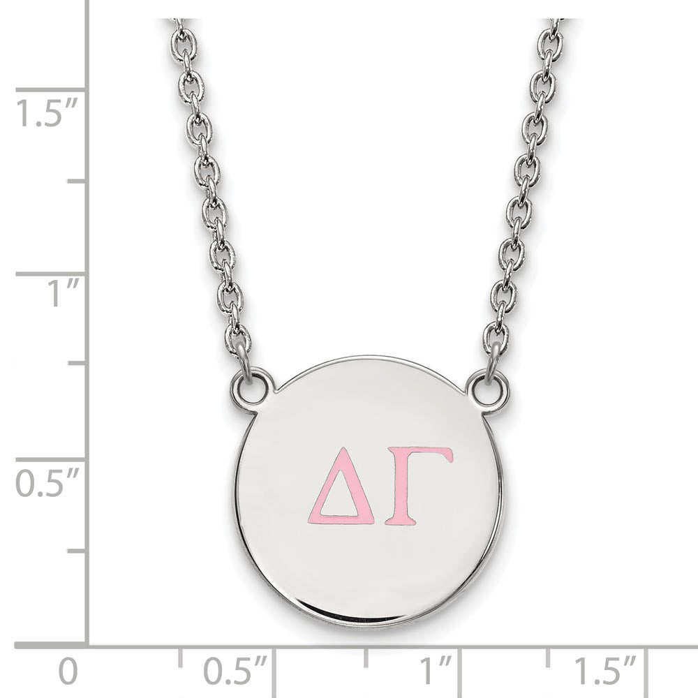 Alternate view of the Sterling Silver Delta Gamma Large Pink Enamel Greek Letters Necklace by The Black Bow Jewelry Co.