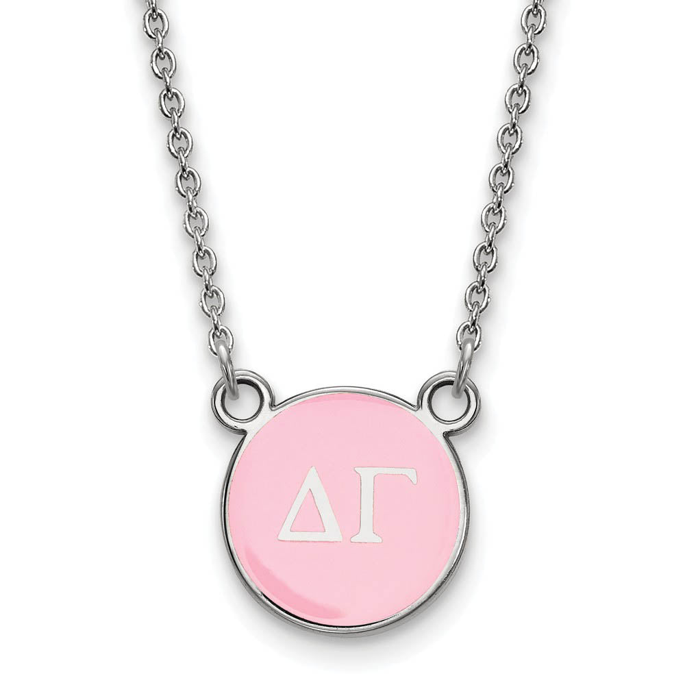 Sterling Silver Delta Gamma Small Pink Enamel Disc Necklace, Item N14835 by The Black Bow Jewelry Co.