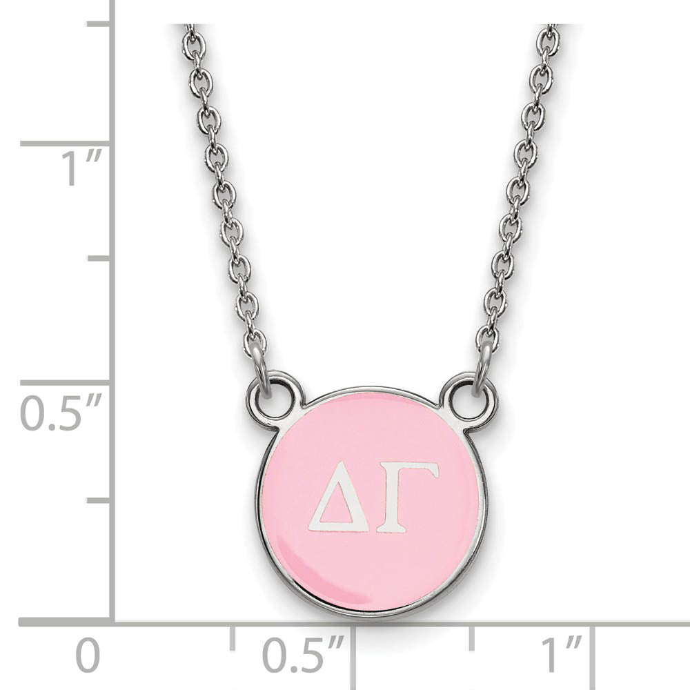 Alternate view of the Sterling Silver Delta Gamma Small Pink Enamel Disc Necklace by The Black Bow Jewelry Co.