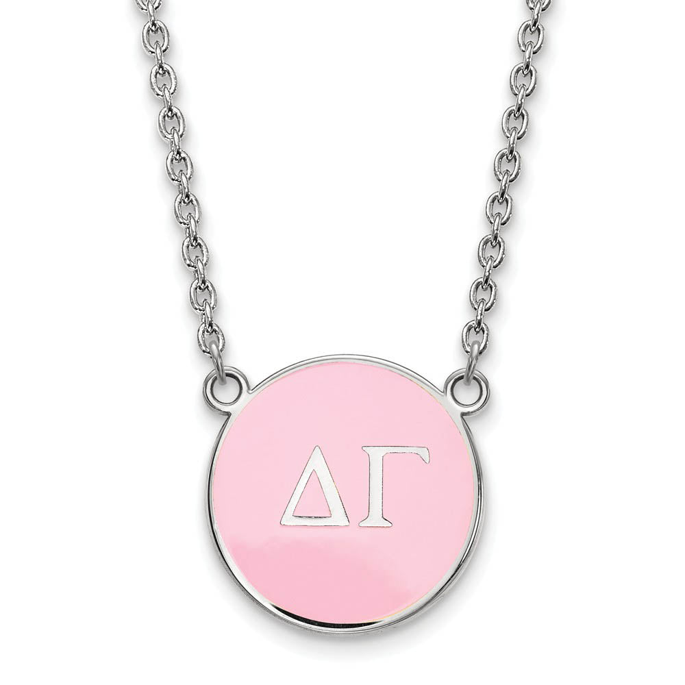 Sterling Silver Delta Gamma Large Pink Enamel Disc Necklace, Item N14836 by The Black Bow Jewelry Co.