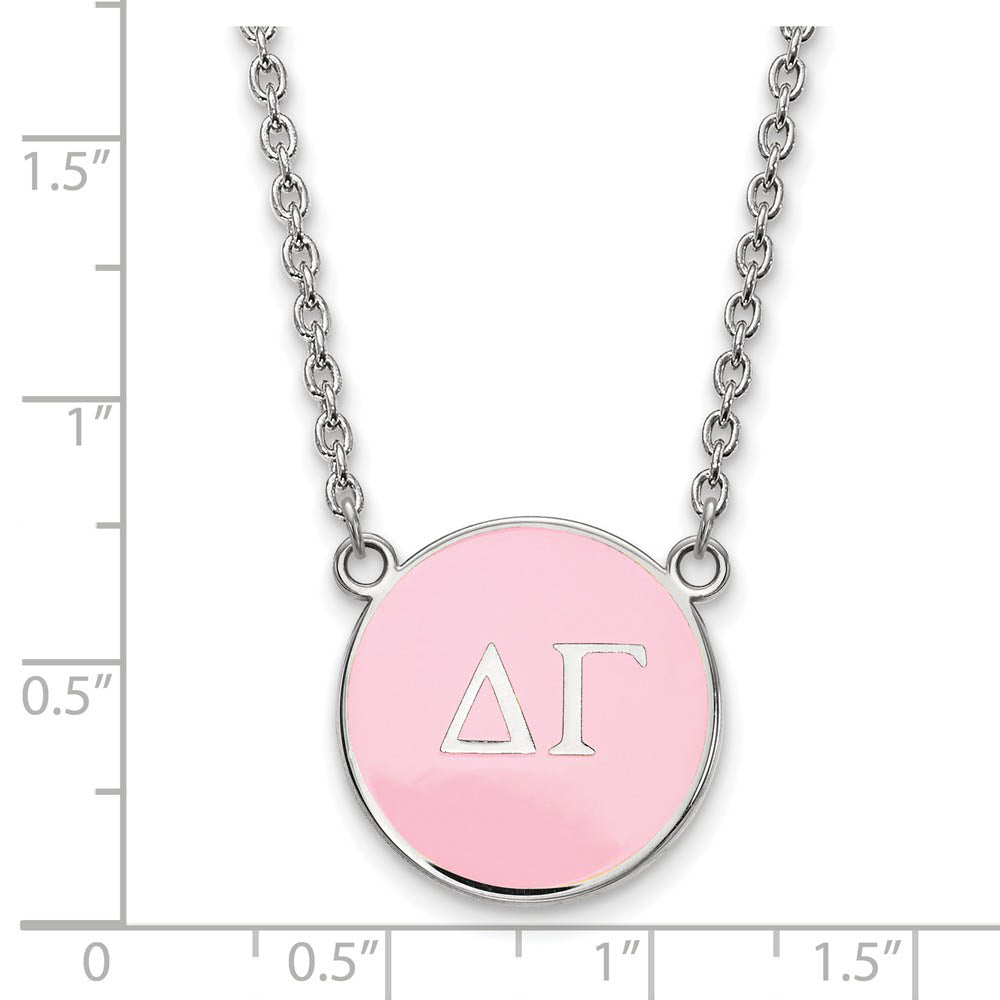 Alternate view of the Sterling Silver Delta Gamma Large Pink Enamel Disc Necklace by The Black Bow Jewelry Co.