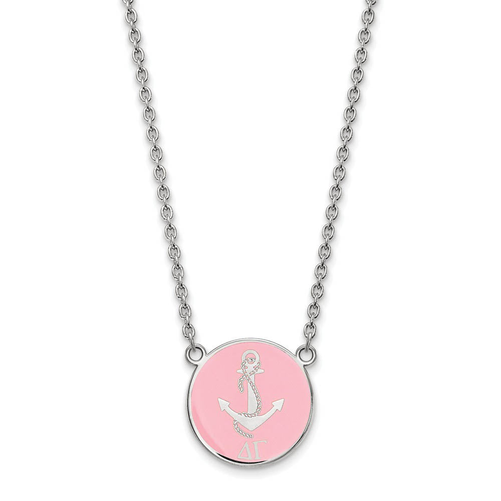Sterling Silver Delta Gamma Large Pink Enamel Logo Necklace, Item N14838 by The Black Bow Jewelry Co.