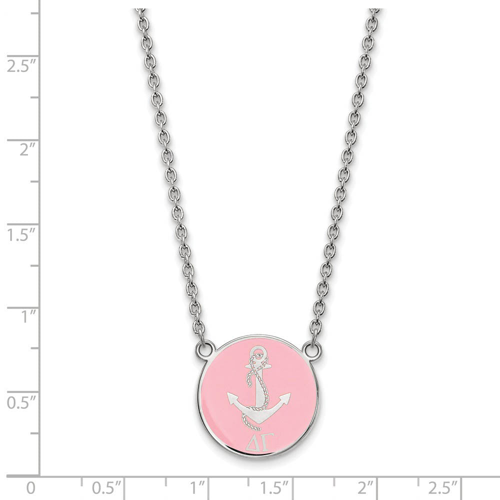 Alternate view of the Sterling Silver Delta Gamma Large Pink Enamel Logo Necklace by The Black Bow Jewelry Co.