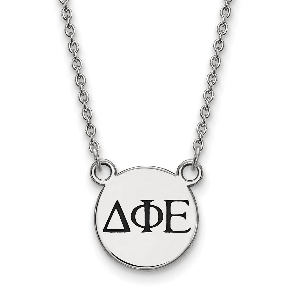 Sterling Silver Delta Phi Epsilon Small Enamel Greek Letters Necklace, Item N14845 by The Black Bow Jewelry Co.