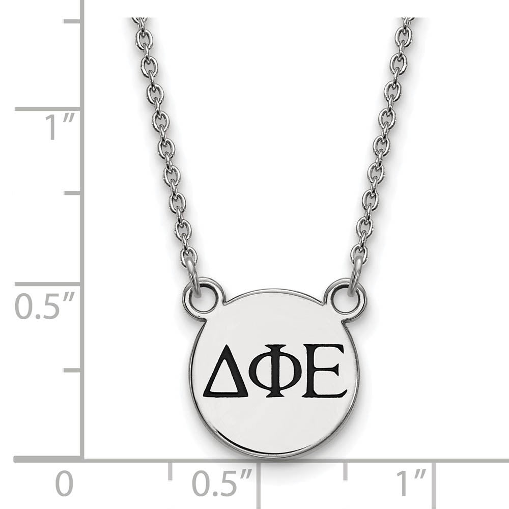 Alternate view of the Sterling Silver Delta Phi Epsilon Small Enamel Greek Letters Necklace by The Black Bow Jewelry Co.