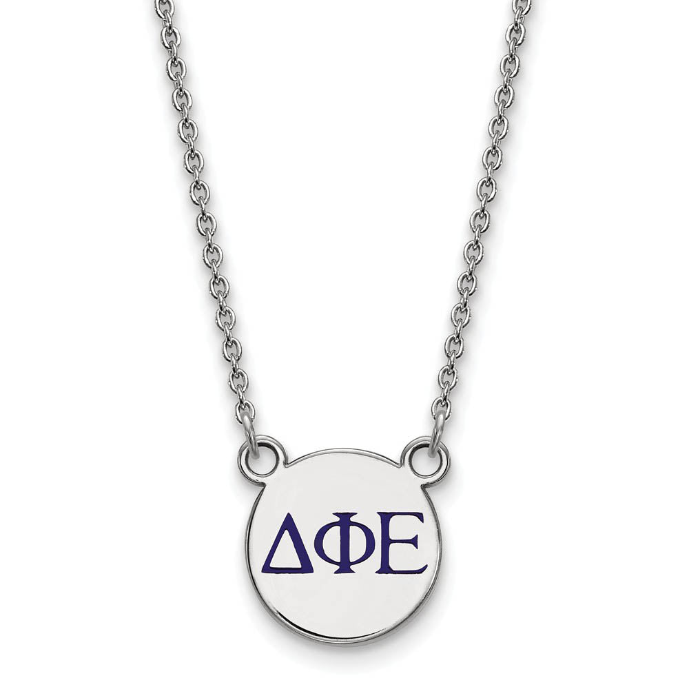 Sterling Silver Delta Phi Epsilon Small Blue Enamel Greek Necklace, Item N14847 by The Black Bow Jewelry Co.