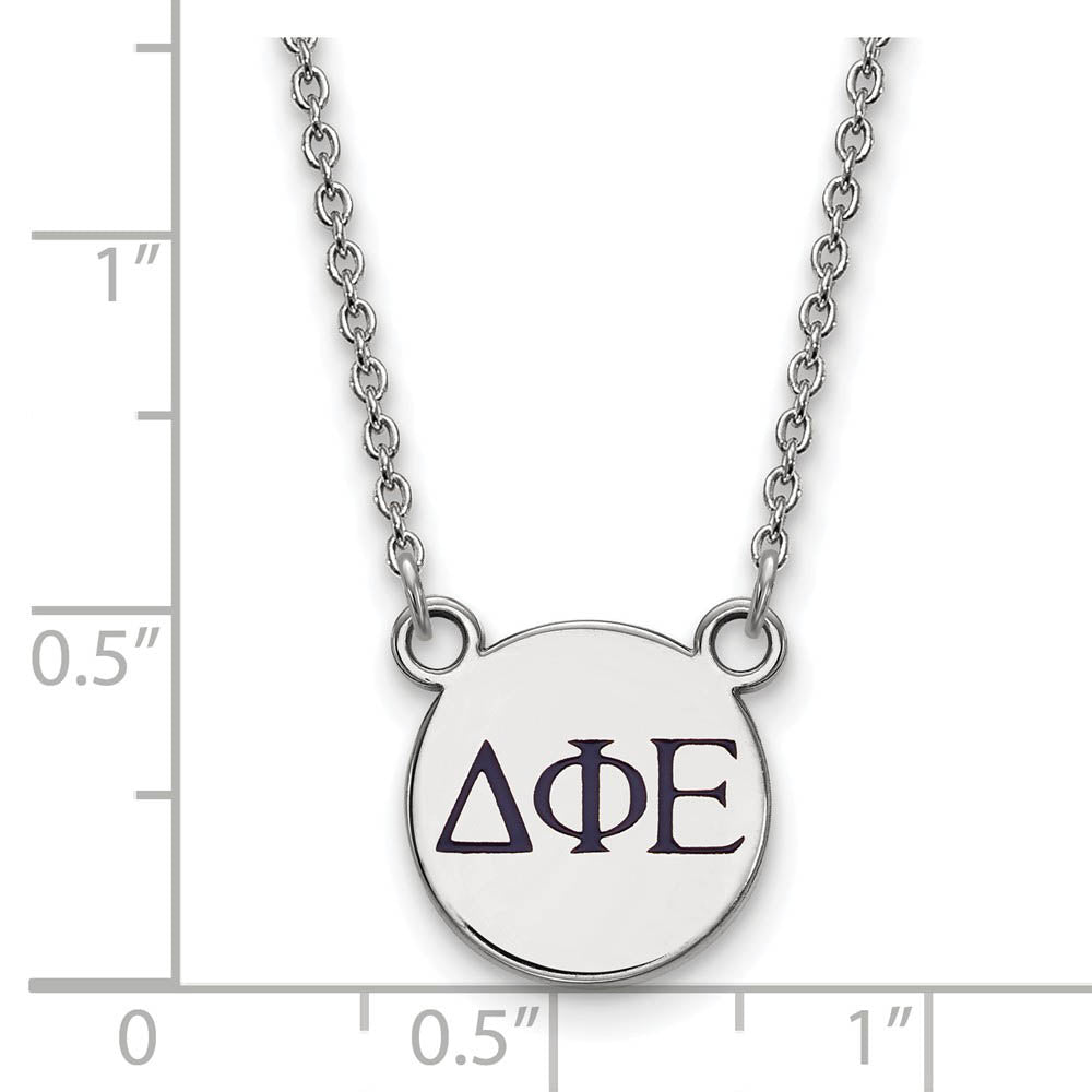Alternate view of the Sterling Silver Delta Phi Epsilon Small Blue Enamel Greek Necklace by The Black Bow Jewelry Co.