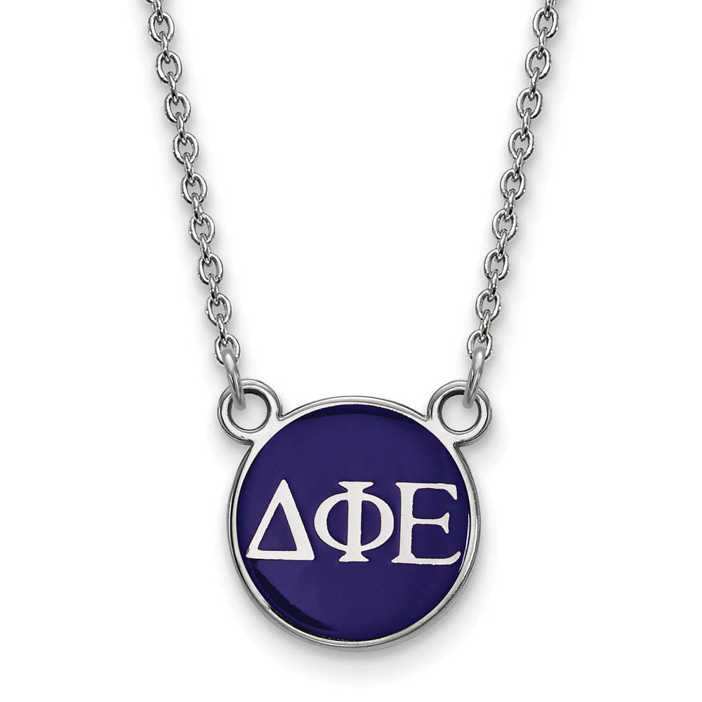 Sterling Silver Delta Phi Epsilon Small Blue Enamel Disc Necklace, Item N14849 by The Black Bow Jewelry Co.