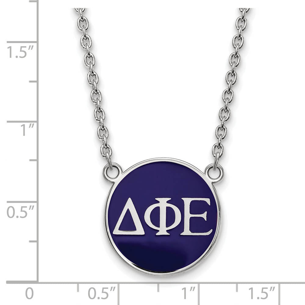 Alternate view of the Sterling Silver Delta Phi Epsilon Large Blue Enamel Disc Necklace by The Black Bow Jewelry Co.