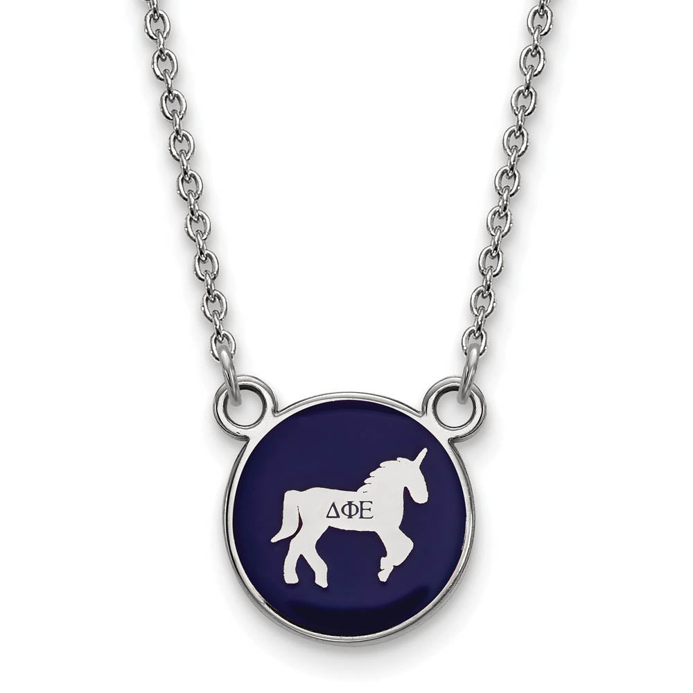 Sterling Silver Delta Phi Epsilon Sm Blue Enamel Unicorn Disc Necklace, Item N14851 by The Black Bow Jewelry Co.