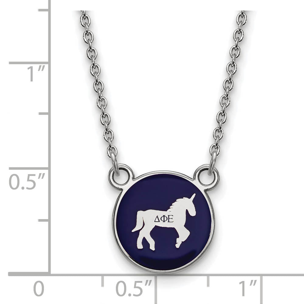Alternate view of the Sterling Silver Delta Phi Epsilon Sm Blue Enamel Unicorn Disc Necklace by The Black Bow Jewelry Co.