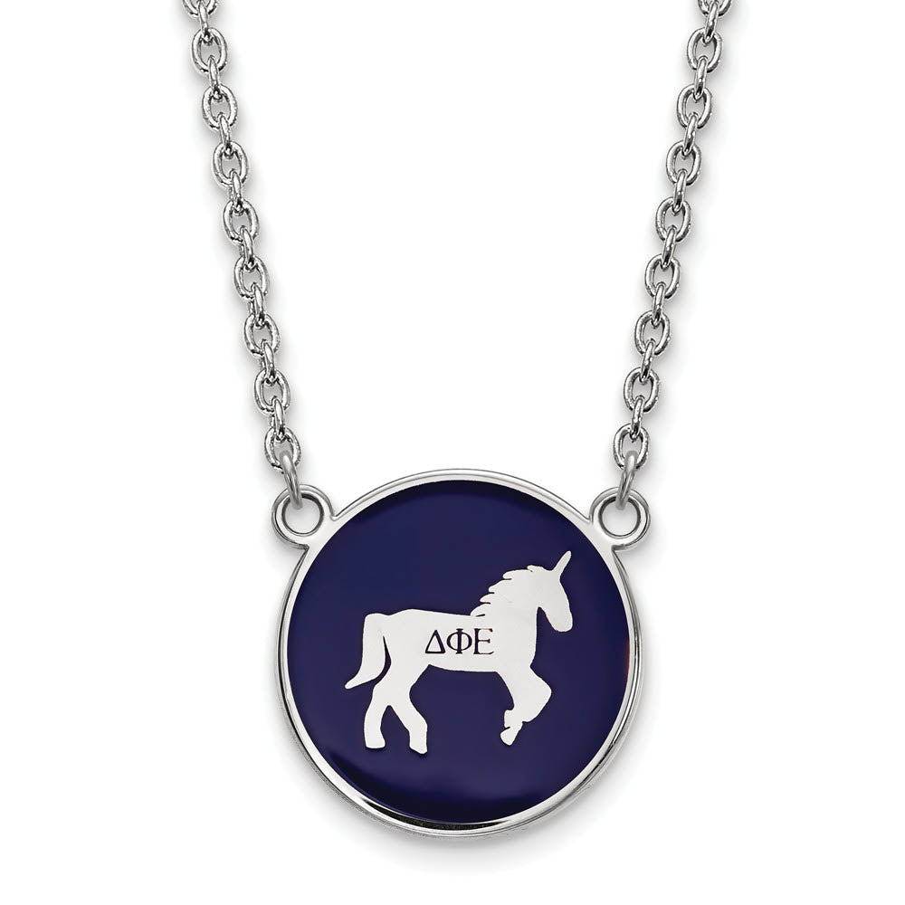 Sterling Silver Delta Phi Epsilon Lg Blue Enamel Unicorn Disc Necklace, Item N14852 by The Black Bow Jewelry Co.