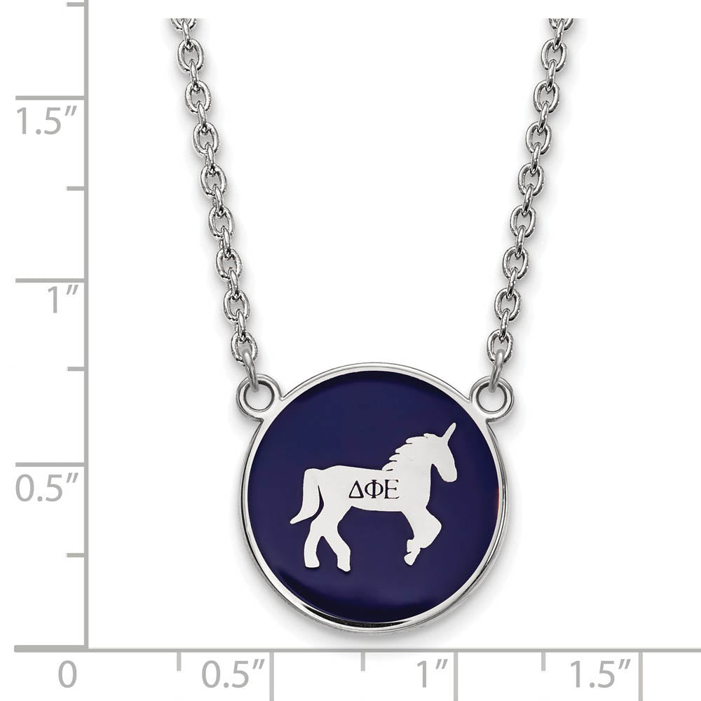 Alternate view of the Sterling Silver Delta Phi Epsilon Lg Blue Enamel Unicorn Disc Necklace by The Black Bow Jewelry Co.