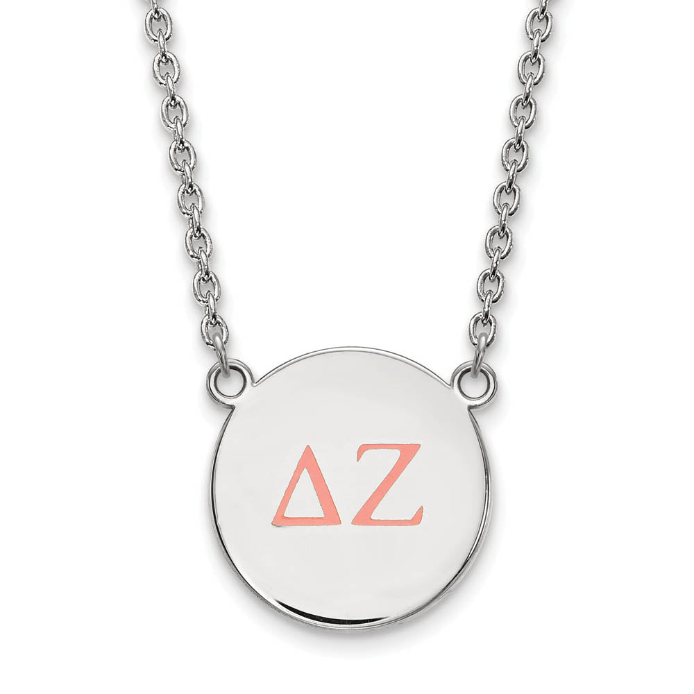 Sterling Silver Delta Zeta Large Coral Enamel Greek Letters Necklace, Item N14862 by The Black Bow Jewelry Co.