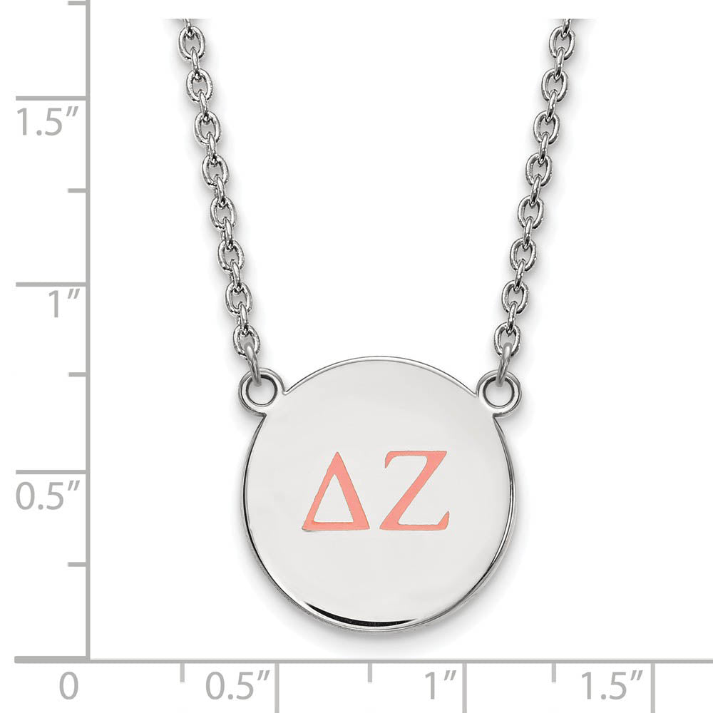 Alternate view of the Sterling Silver Delta Zeta Large Coral Enamel Greek Letters Necklace by The Black Bow Jewelry Co.