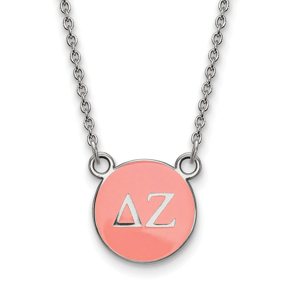 Sterling Silver Delta Zeta Small Coral Enamel Disc Necklace, Item N14863 by The Black Bow Jewelry Co.