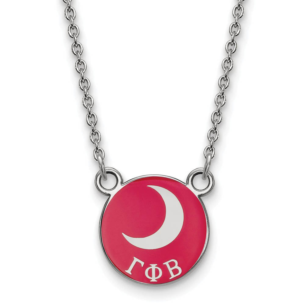 Sterling Silver Gamma Phi Beta Small Red Enamel Moon Disc Necklace, Item N14879 by The Black Bow Jewelry Co.