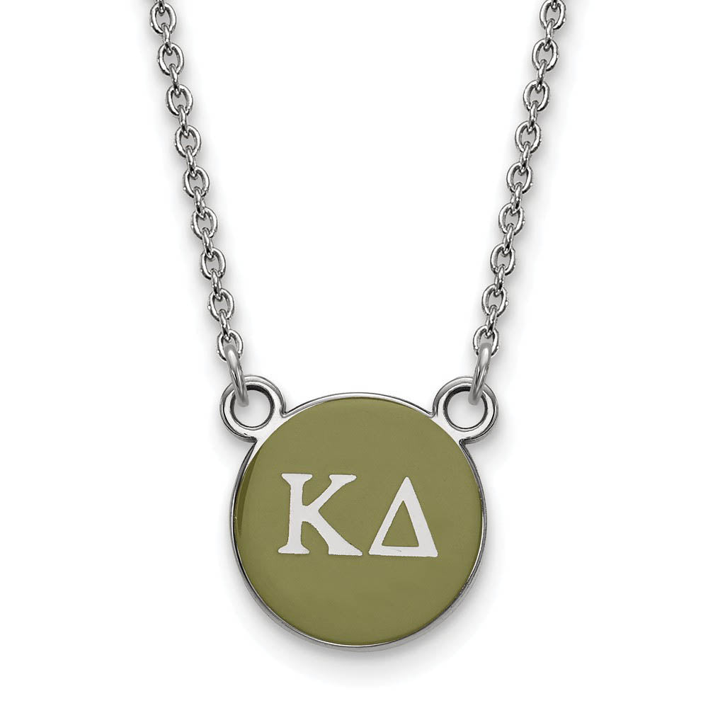 Sterling Silver Kappa Delta Small Olive Green Enamel Disc Necklace, Item N14903 by The Black Bow Jewelry Co.