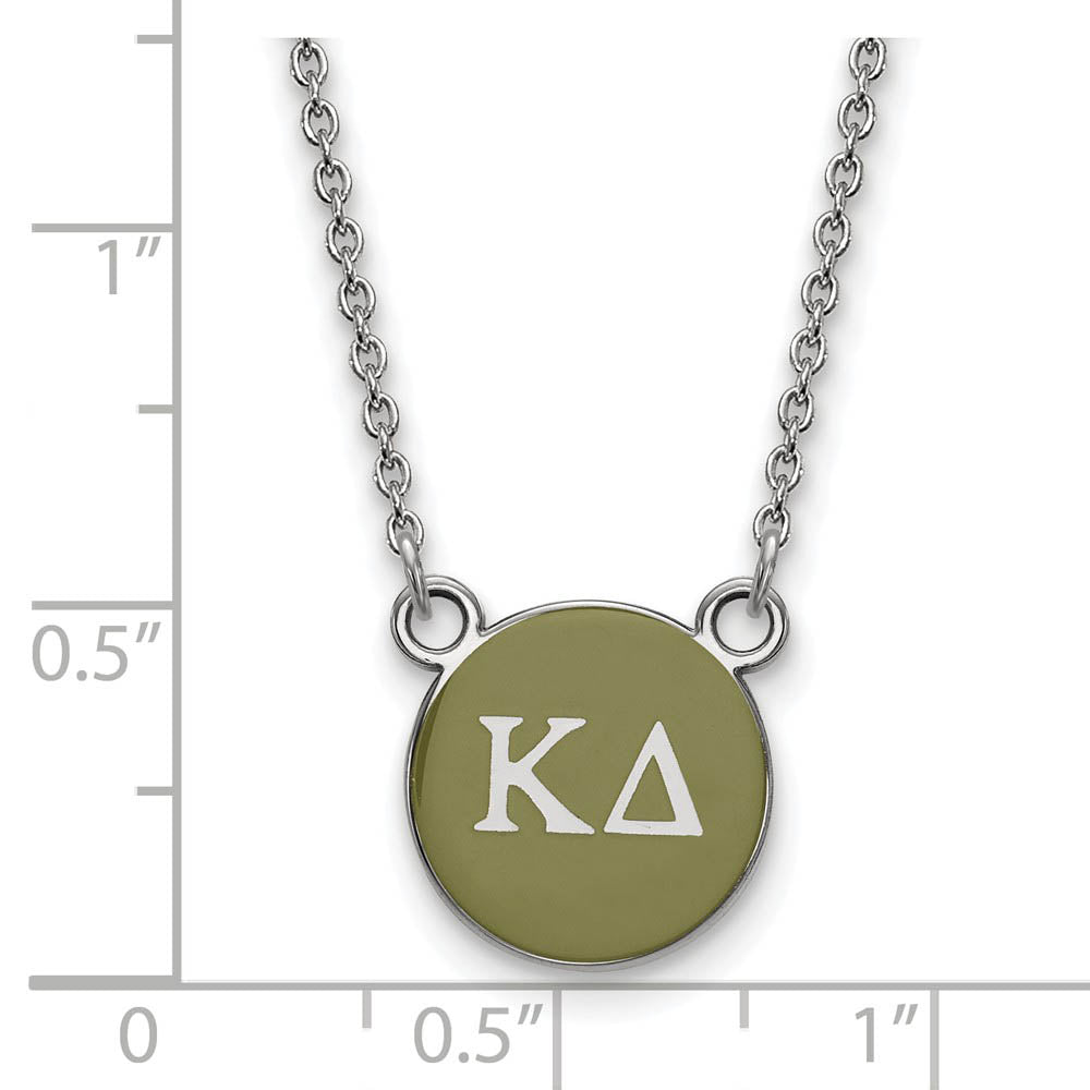 Alternate view of the Sterling Silver Kappa Delta Small Olive Green Enamel Disc Necklace by The Black Bow Jewelry Co.