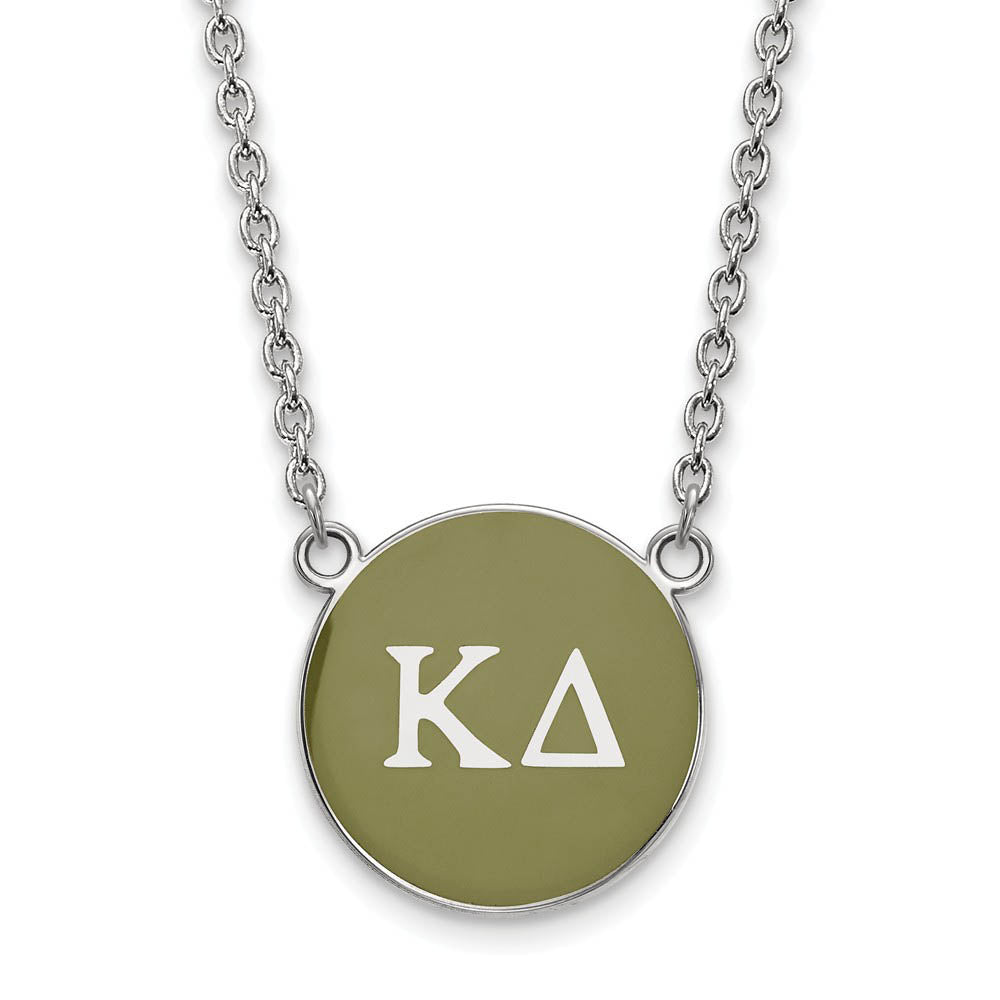 Sterling Silver Kappa Delta Large Olive Green Enamel Disc Necklace, Item N14904 by The Black Bow Jewelry Co.