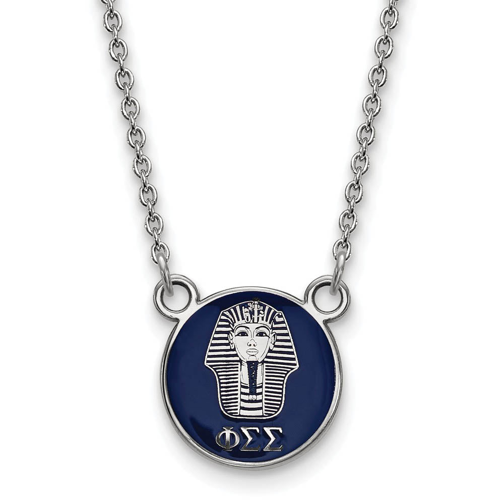 Sterling Silver Phi Sigma Sigma Small Navy Enamel Sphinx Disc Necklace, Item N14947 by The Black Bow Jewelry Co.