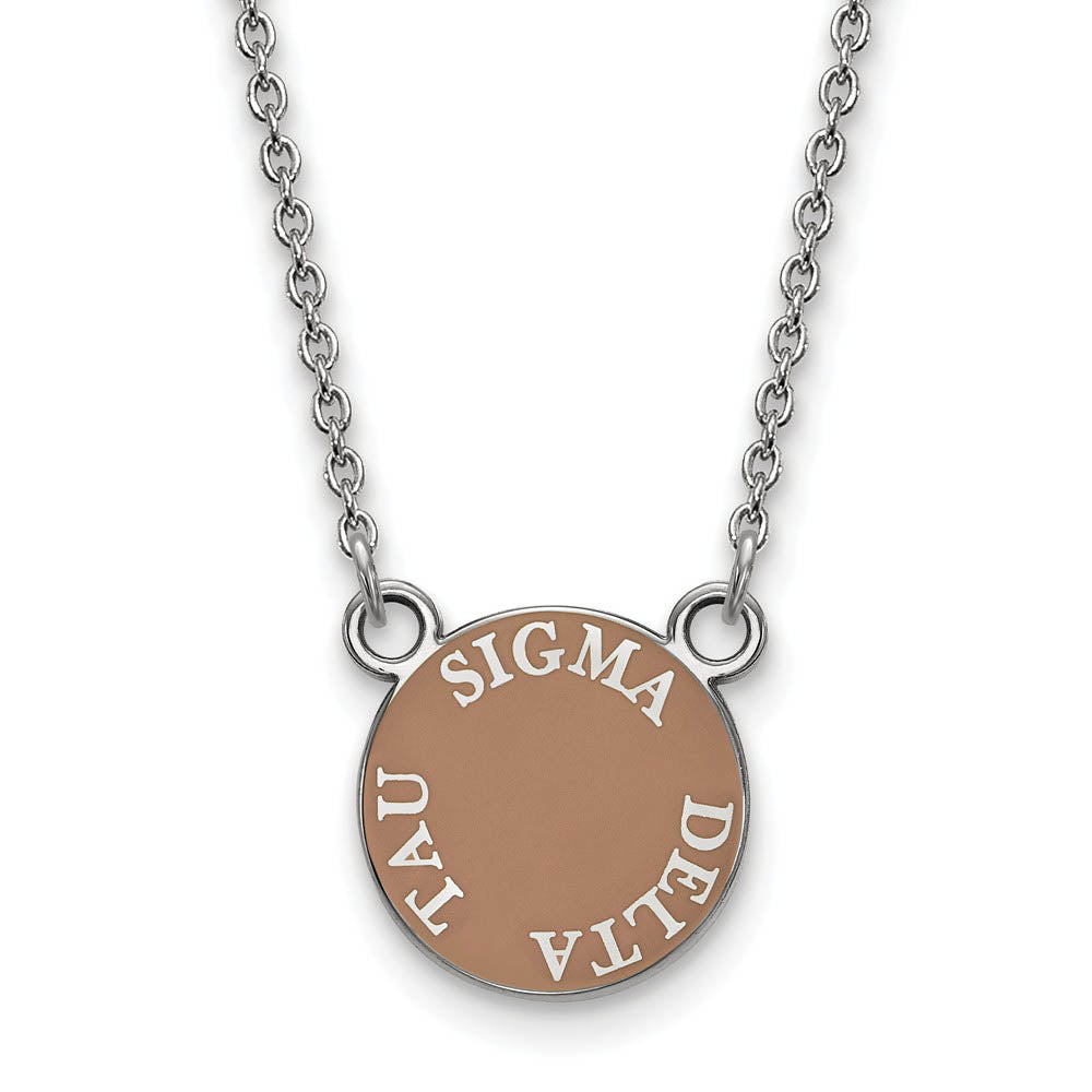 Sterling Silver Sigma Delta Tau Small Enamel Disc Necklace, Item N14965 by The Black Bow Jewelry Co.