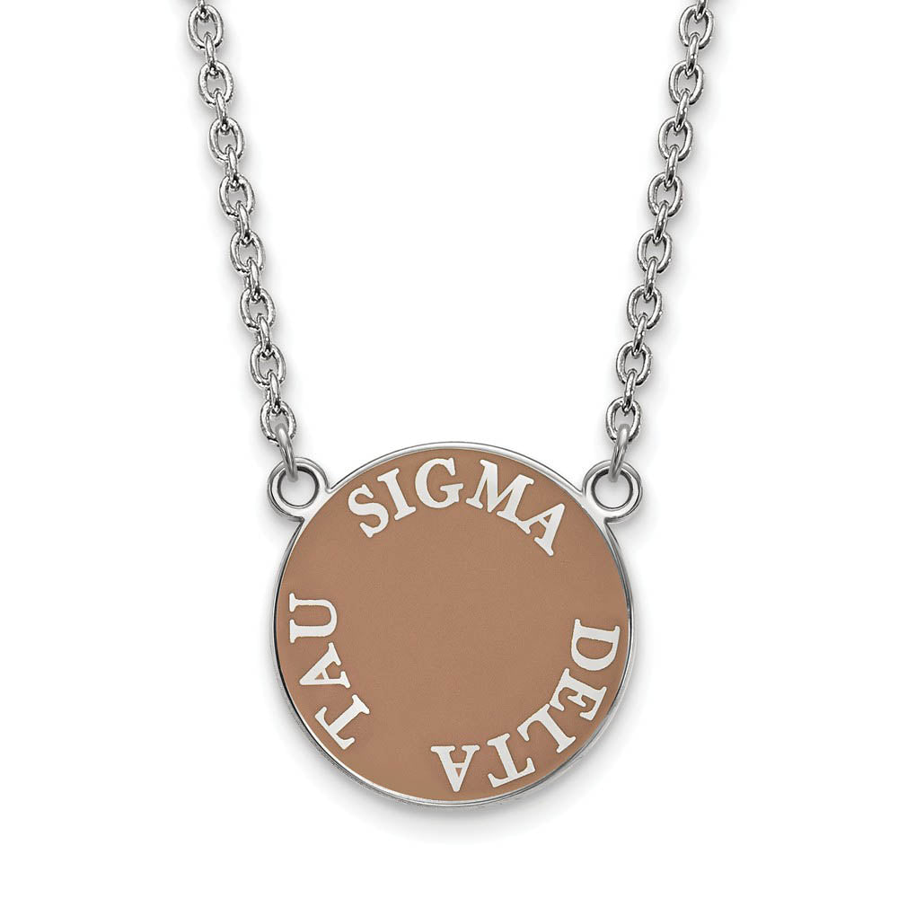 Sterling Silver Sigma Delta Tau Large Enamel Disc Necklace, Item N14966 by The Black Bow Jewelry Co.