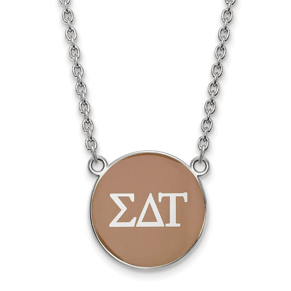 Sterling Silver Sigma Delta Tau Large Lt Brown Enamel Disc Necklace, Item N14974 by The Black Bow Jewelry Co.