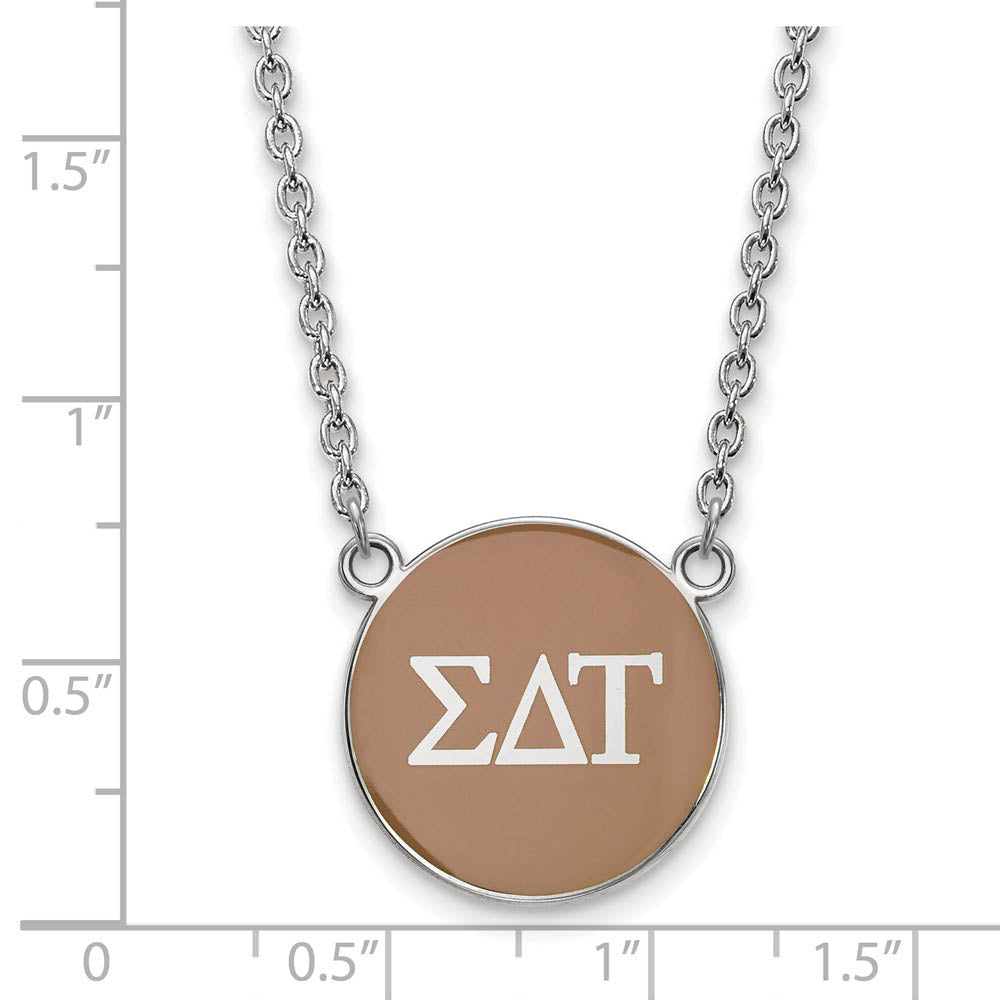 Alternate view of the Sterling Silver Sigma Delta Tau Large Lt Brown Enamel Disc Necklace by The Black Bow Jewelry Co.
