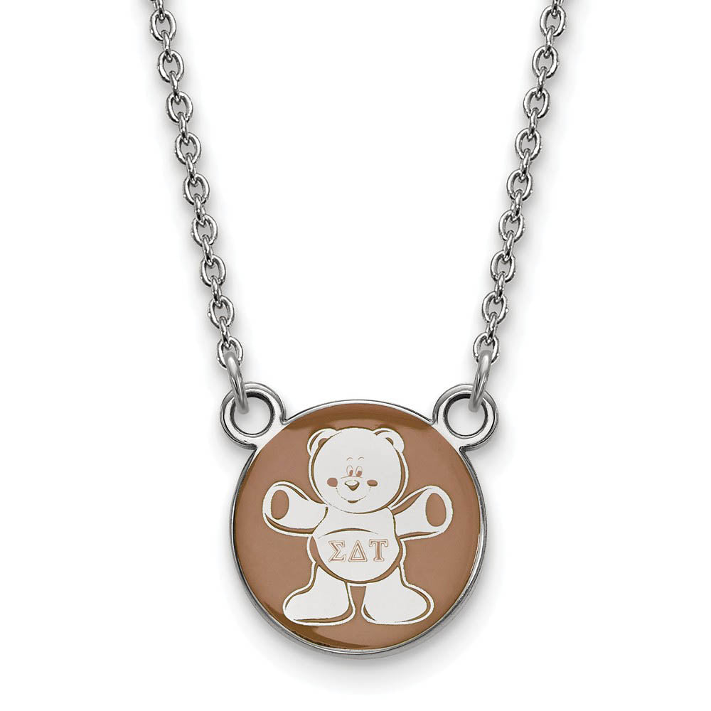 Sterling Silver Sigma Delta Tau Small Enamel Bear Disc Necklace, Item N14975 by The Black Bow Jewelry Co.
