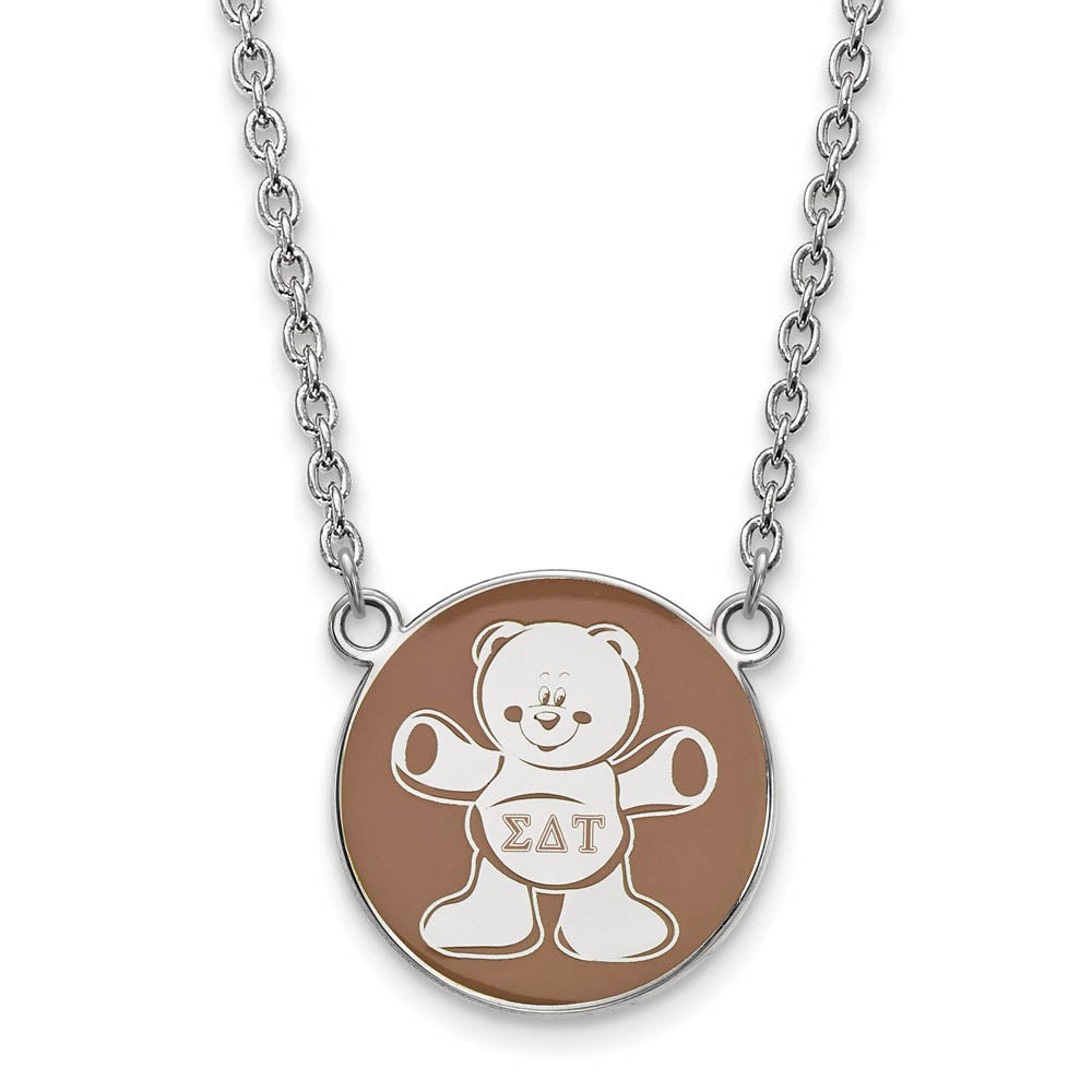 Sterling Silver Sigma Delta Tau Large Enamel Bear Disc Necklace, Item N14976 by The Black Bow Jewelry Co.