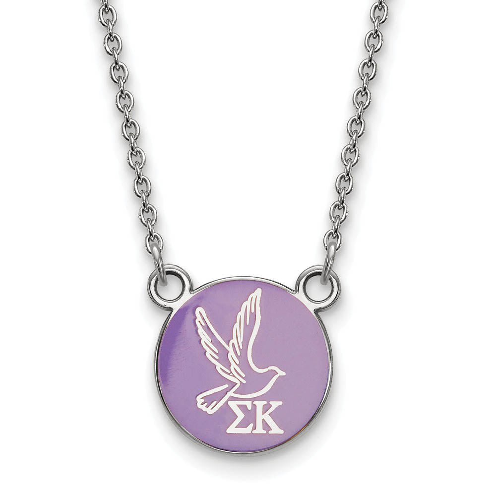 Sterling Silver Sigma Kappa Small Lavender Enamel Dove Disc Necklace, Item N14989 by The Black Bow Jewelry Co.