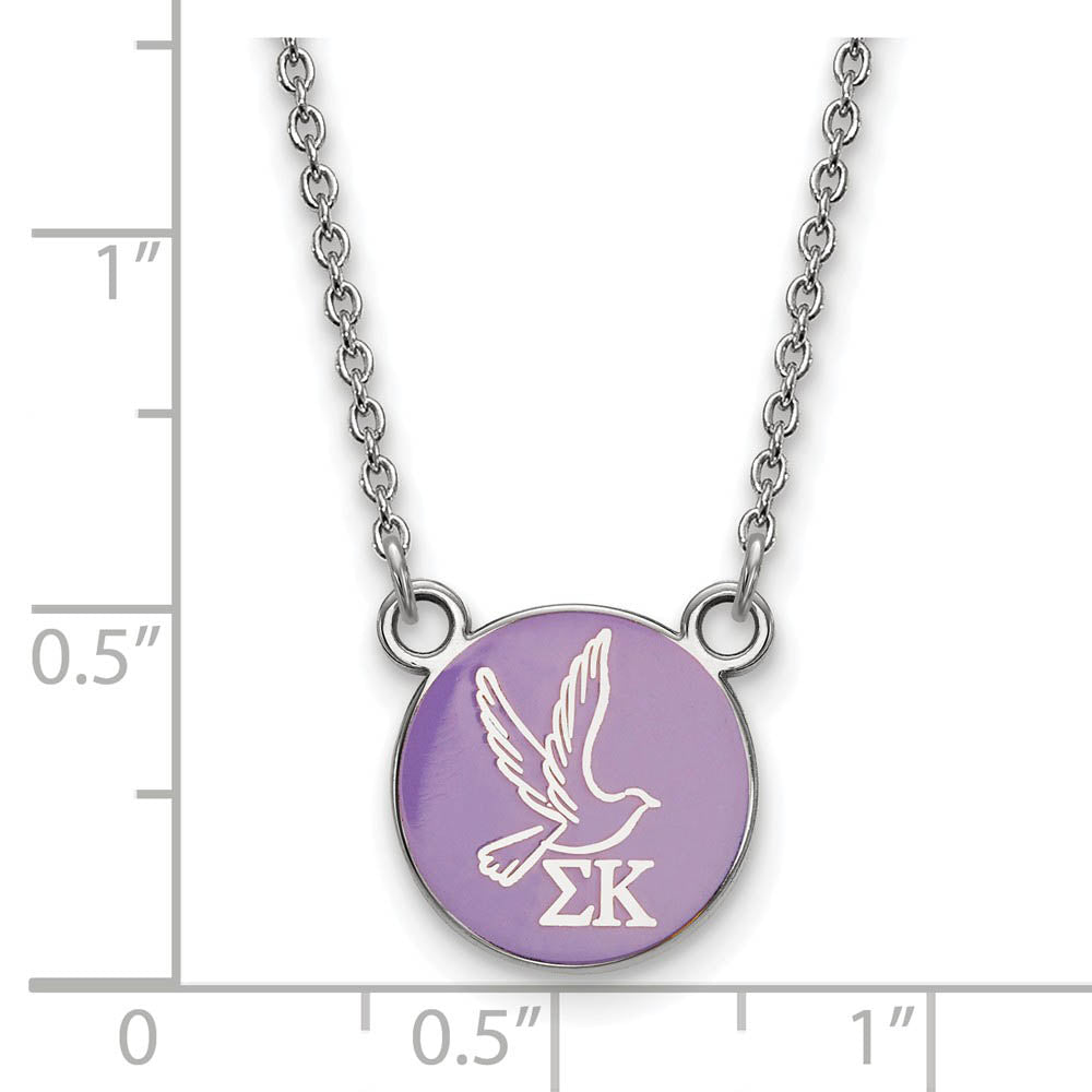 Alternate view of the Sterling Silver Sigma Kappa Small Lavender Enamel Dove Disc Necklace by The Black Bow Jewelry Co.