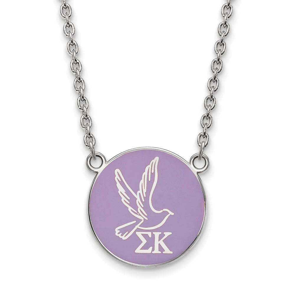 Sterling Silver Sigma Kappa Large Lavender Enamel Dove Disc Necklace, Item N14990 by The Black Bow Jewelry Co.