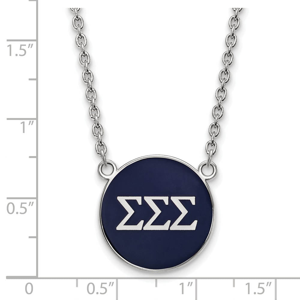 Alternate view of the Sterling Silver Sigma Sigma Sigma Large Navy Enamel Disc Necklace by The Black Bow Jewelry Co.